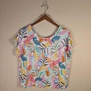 Cynthia Rowley Top Womens Medium Multicolor 100% Linen Tropical Leaf Print Tee